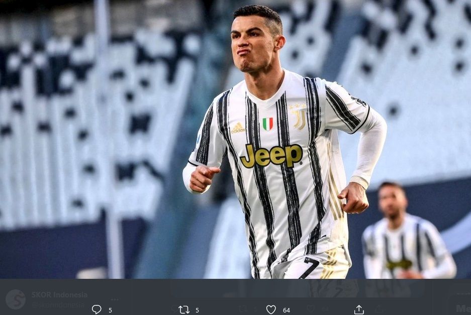 Ekspresi Cristiano Ronaldo setelah berhasil membobol gawang Napoli, dalam laga Liga italia, Rabu (7/4/2021).