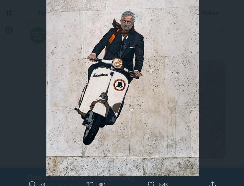 Inilah mural Jose Mourinho mengendarai skuter yang berada di Kota Roma.