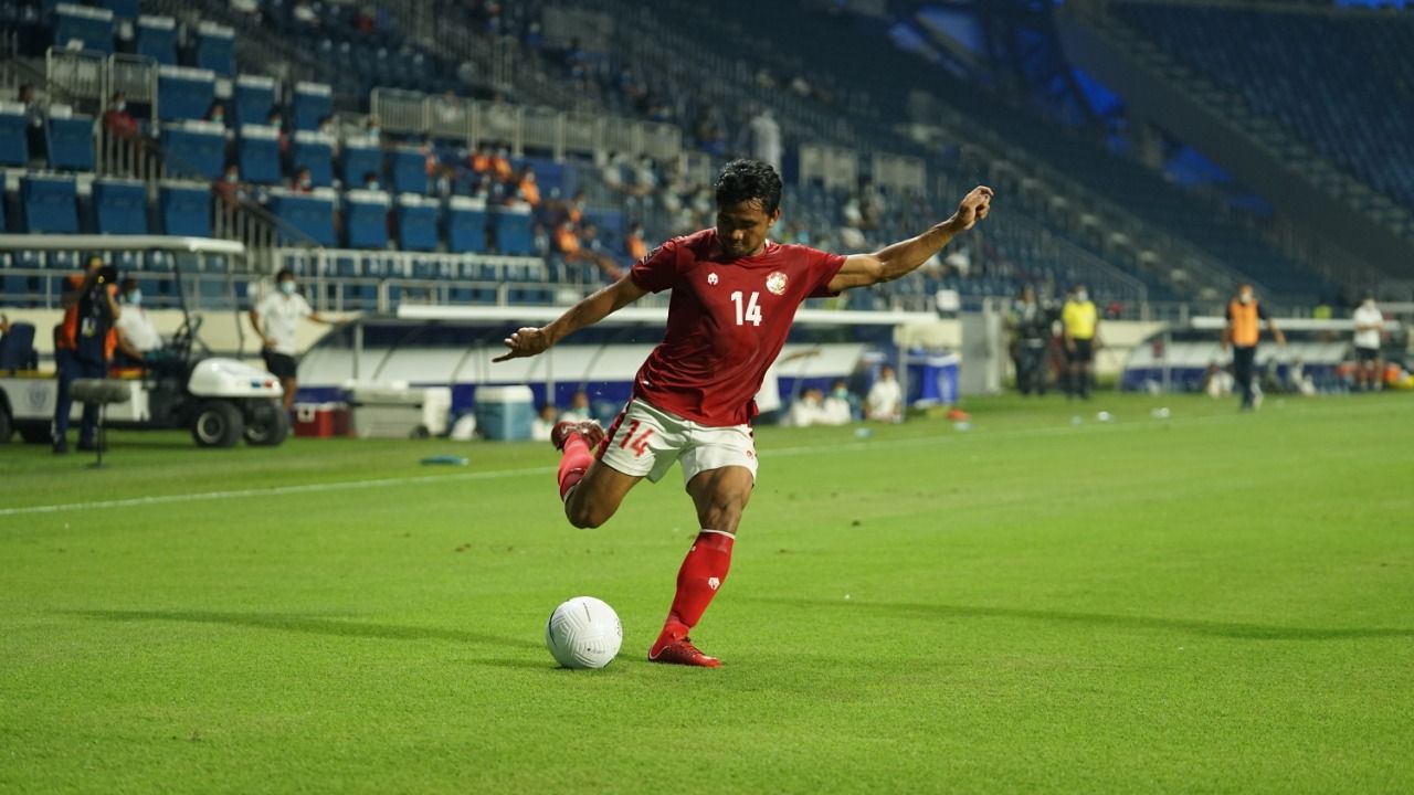 Bek timnas Indonesia, Asnawi Mangkualam Bahar, dalam laga melawan Thailand pada lanjutan Grup G Kualifikasi Piala Dunia 2022, 3 Juni 2021.