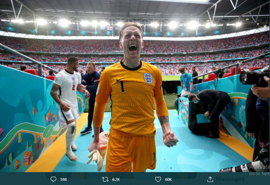 Kiper Inggris, Jordan Pickford meluapkan kegembiraanya usai menyingkirkan Jerman di Piala Eropa 2020.