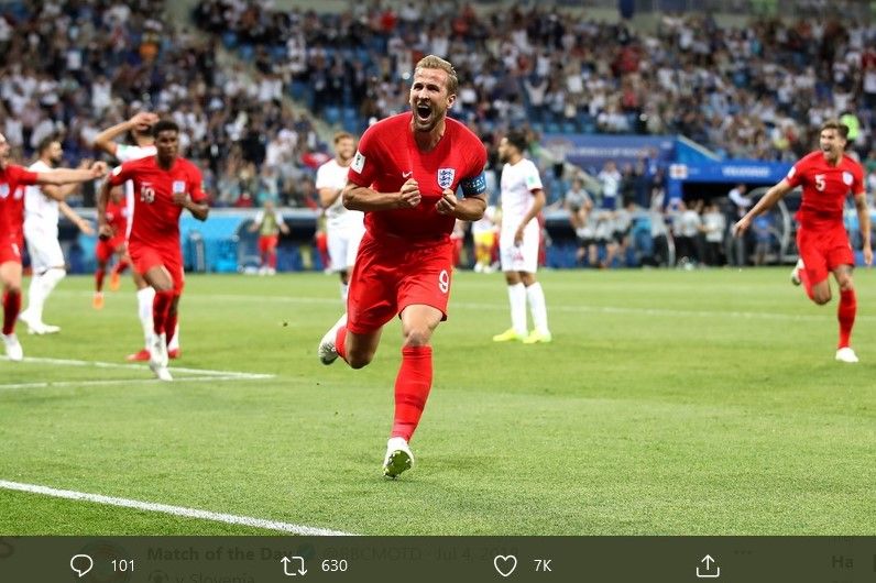 Harry Kane ketika merayakan gol tandukan ke gawang Tunisia dalam Piala Dunia 2018.