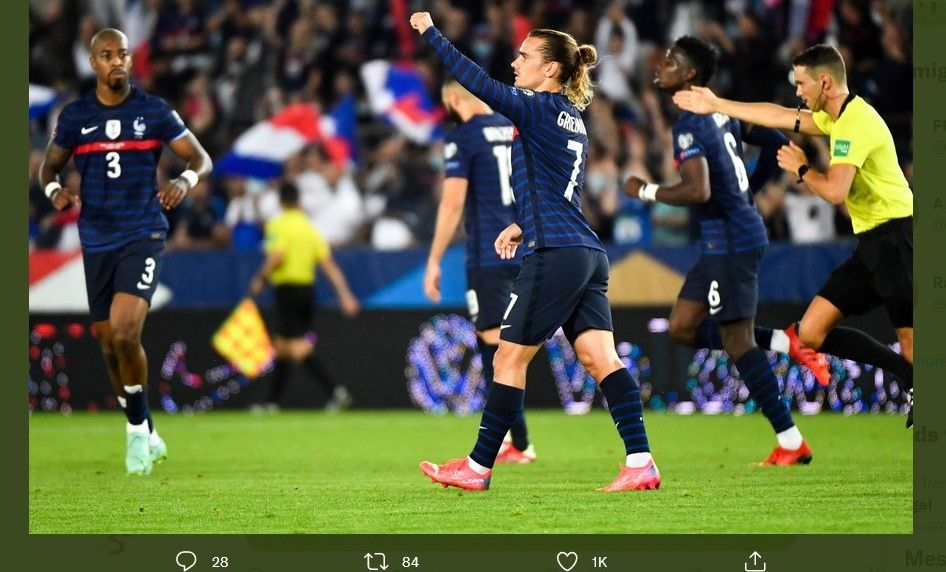 Penyerang timnas Prancis, Antoine Griezmann, ketika merayakan gol dalam laga lawan Bosnia Herzegovina, Kamis (2/9/2021) dini hari WIB.