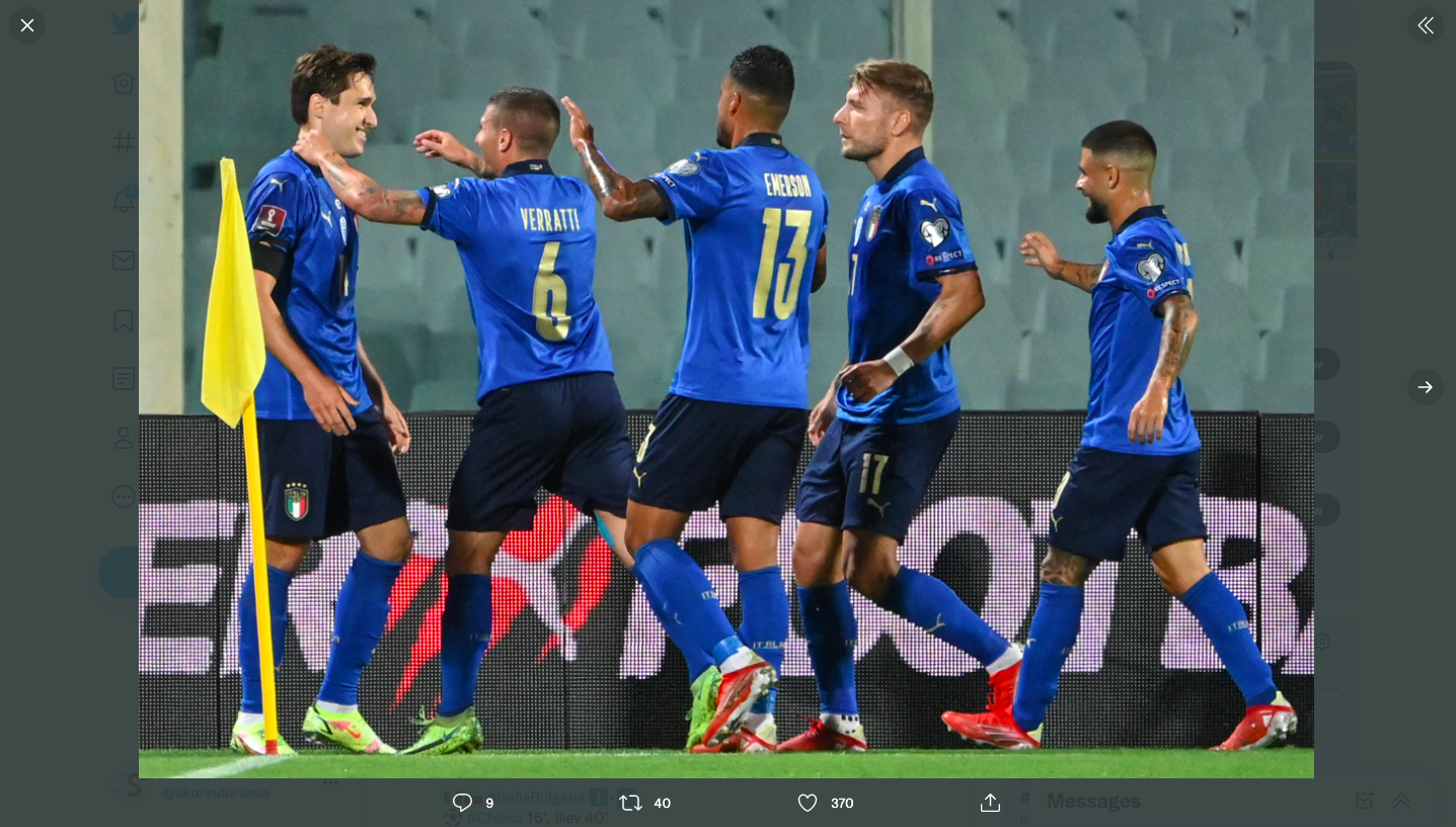 Para pemain Italia merayakan gol ke gawang Bulgaria pada kualifikasi Piala Dunia 2022.