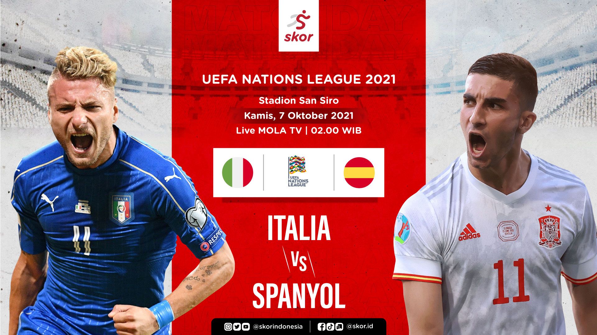 Cover Italia vs Spanyol di semifinal UEFA Nations League 2021.