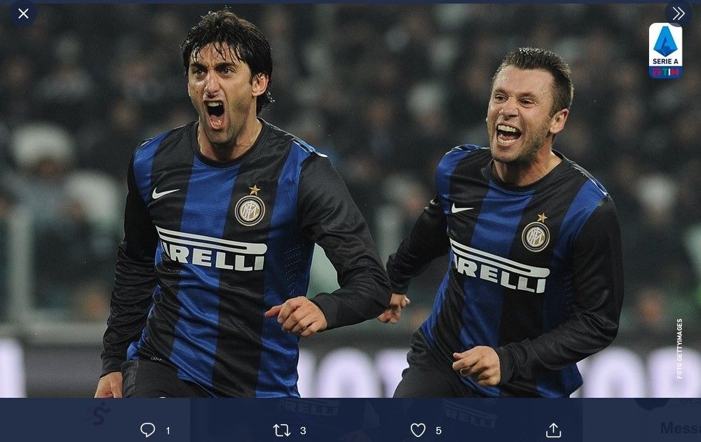 Diego Milito bersama rekan setimnya ketika masih bermain di Inter Milan, Antonio Cassano.