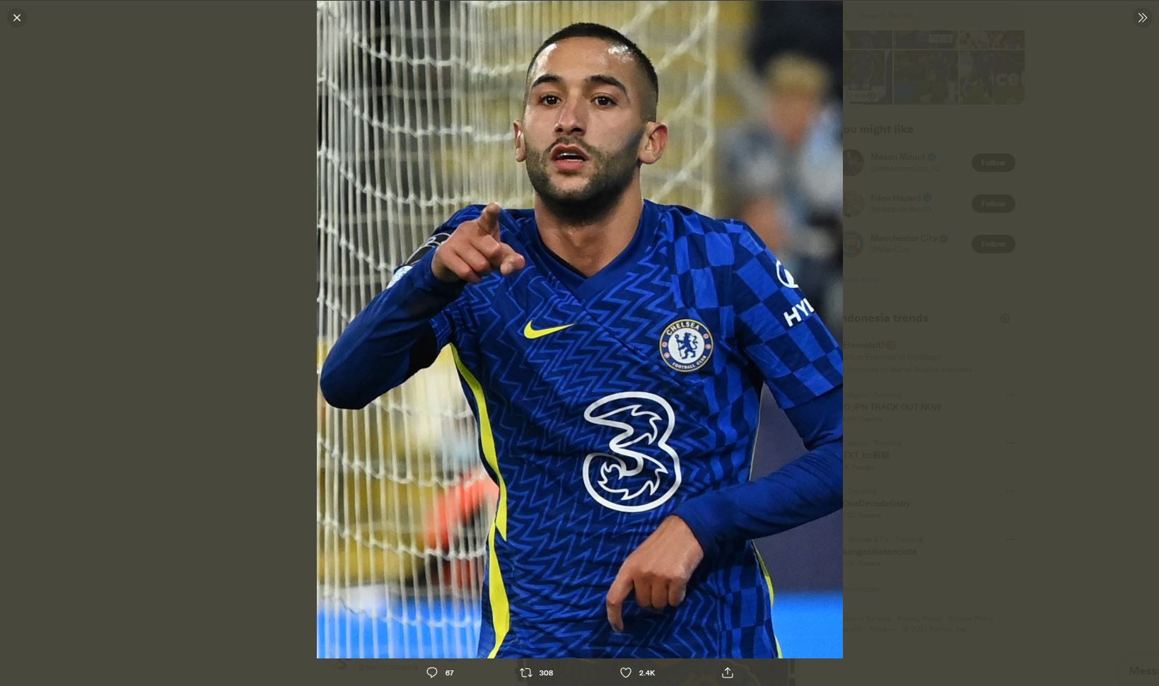 Hakiim Ziyech mencetak gol untuk Chelsea ke gawang Malmo di Liga Champions, Rabu (3/11/2021) dini hari WIB.