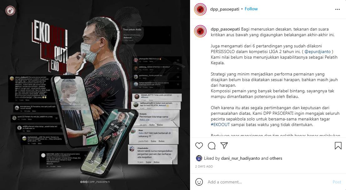 Tangkapan layar unggahan di Instagram DPP Pasoepati yang menuntut pelatih Persis Solo, Eko Purdjianto diganti.