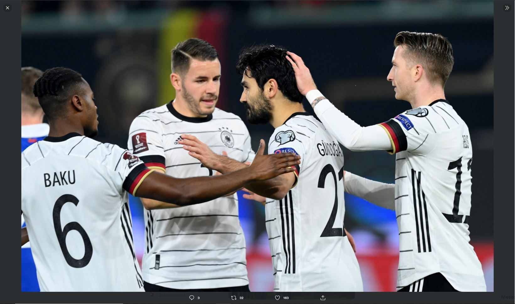 Pemain timnas Jerman merayakan gol Ilkay Gundogan ke gawang Liechtenstein di kualifikasi Piala Dunia 2022, Jumat (12/11/2021) dini hari WIB.