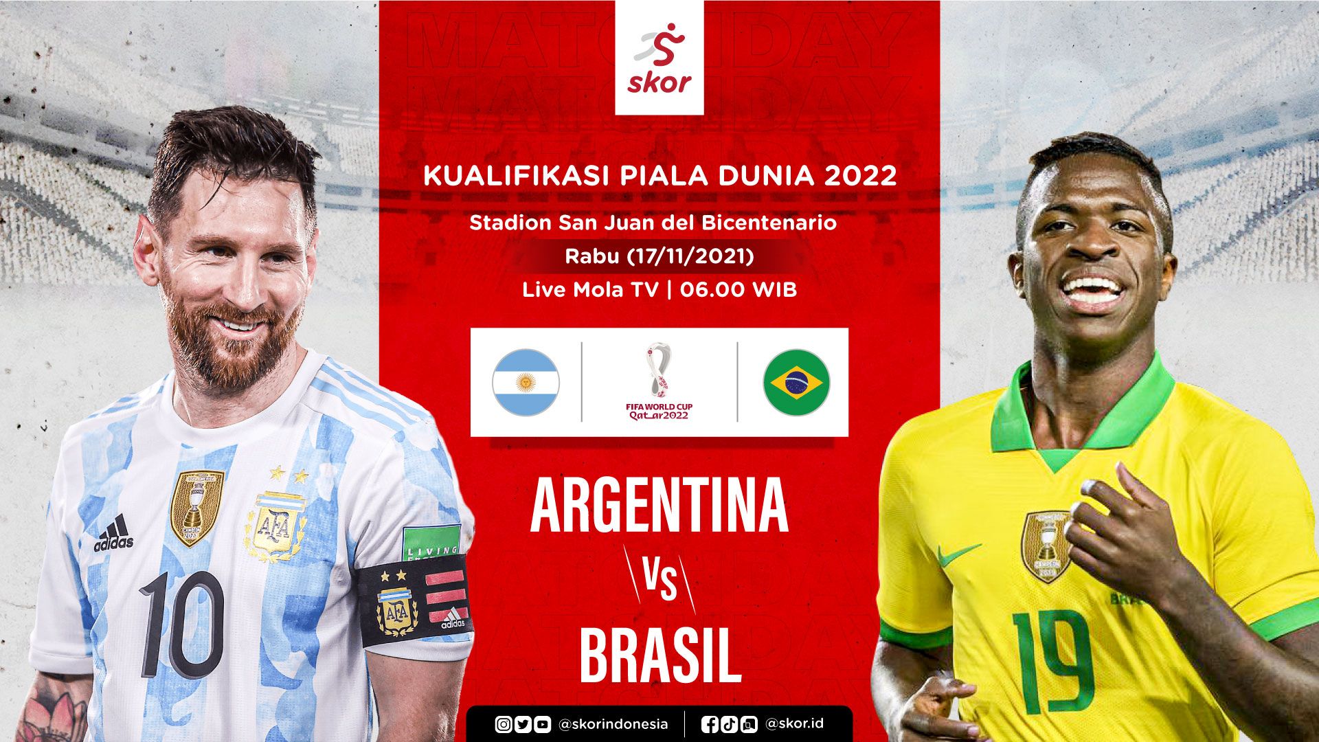 Lionel Messi (foto kiri) dan Vinicius Junior akan tampil dalam laga Argentina vs Brasil di kualifikasi Piala Dunia 2022, Rabu (17/11/2021) pagi WIB.