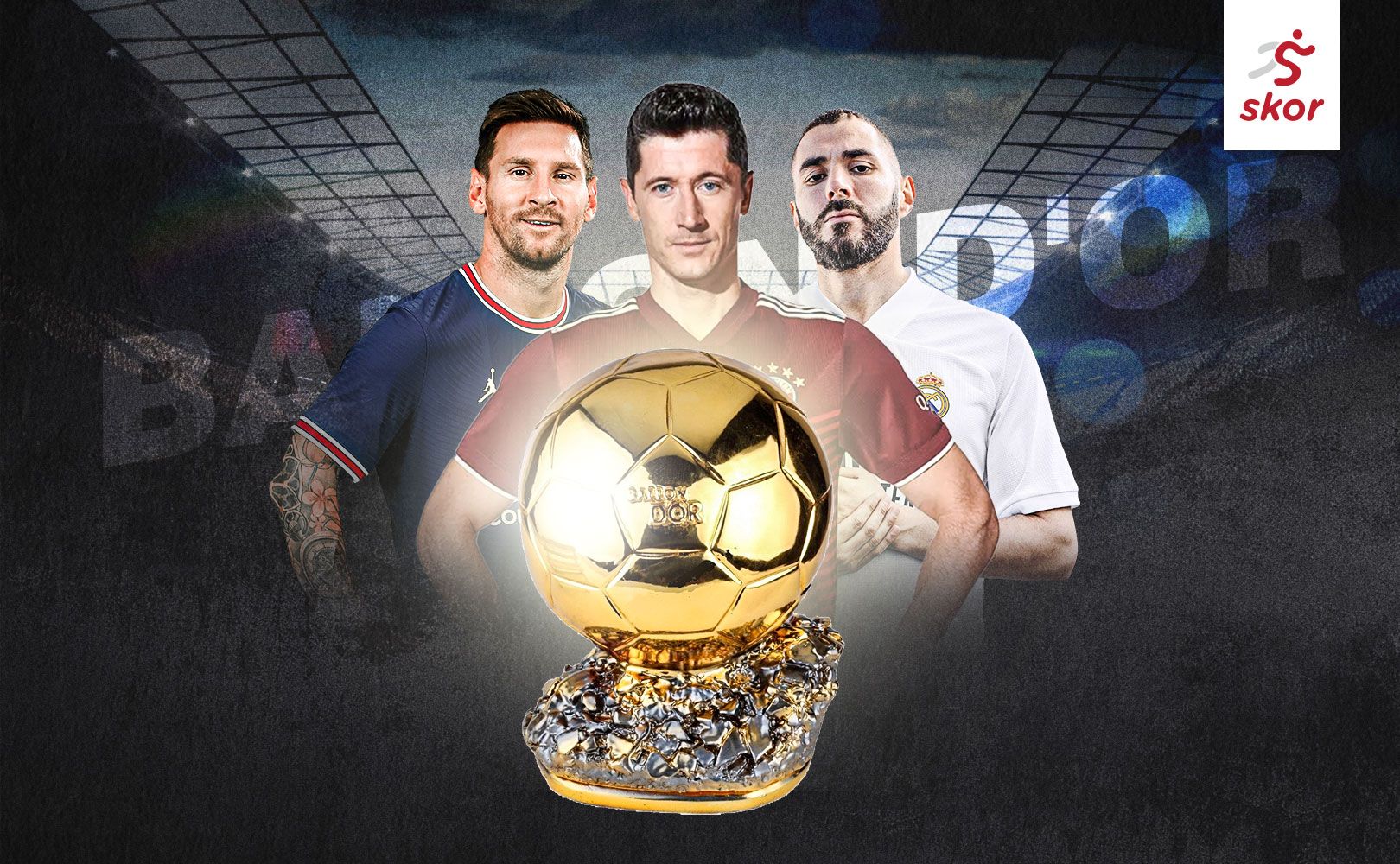 Cover Ballon d'Or: Lionel Messi (kiri), Robert Lewandowski (tengah), dan Karim Benzema.