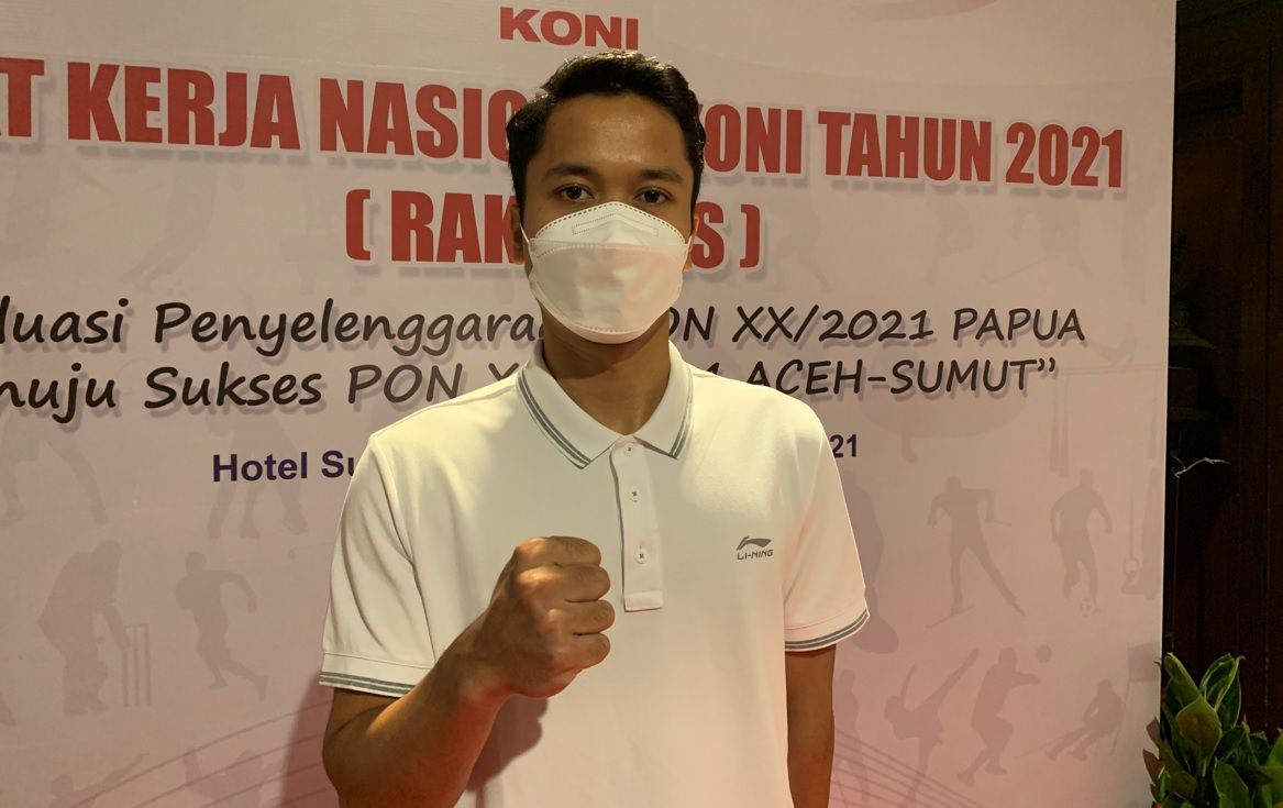 Anthony Sinisuka Ginting saat menghadiri Rapat Kerja Nasional (Rakernas) KONI 2021 di Hotel Sultan Jakarta, Rabu (8/12/2021)