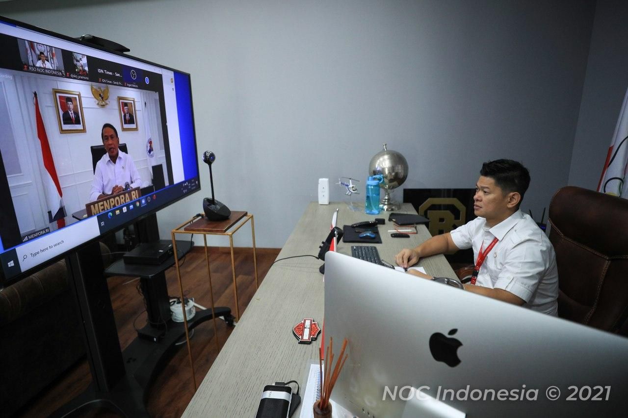 Ketua Umum NOC Indonesia, Raja Sapta Oktohari saat melakukan rapat virtual yang dipimpin Menteri Pemuda dan Olahraga (Menpora) Zainudin Amali, Senin (13/12/2021).