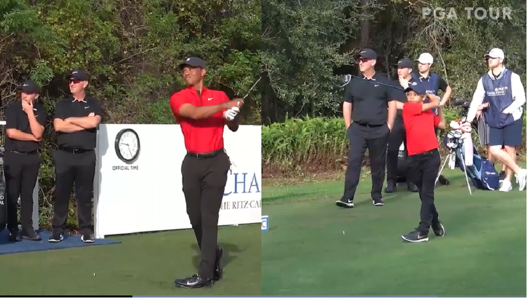 Cuplikan video kompilasi Tiger Woods (jersey merah kiri) dengan sang anak, Charlie.