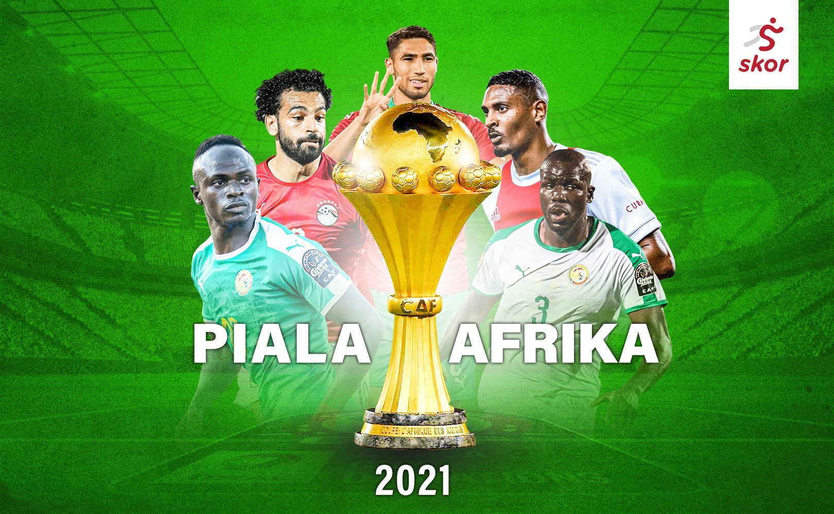 Piala Afrika 2021 akan menampilkan bintang seperti Sadio Mane, Mohamed Salah, Achraf Hakimi, Sebastien Haller, dan Kalidou Koulibaly (arah jarum jam), dimulai pada Minggu (9/1/2022).