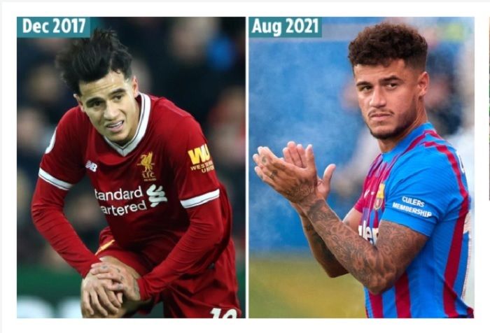 Perbandingan tubuh Philippe Coutinho semasa masih bermain di Liverpool  (foto kiri) dan saat di Barcelona.