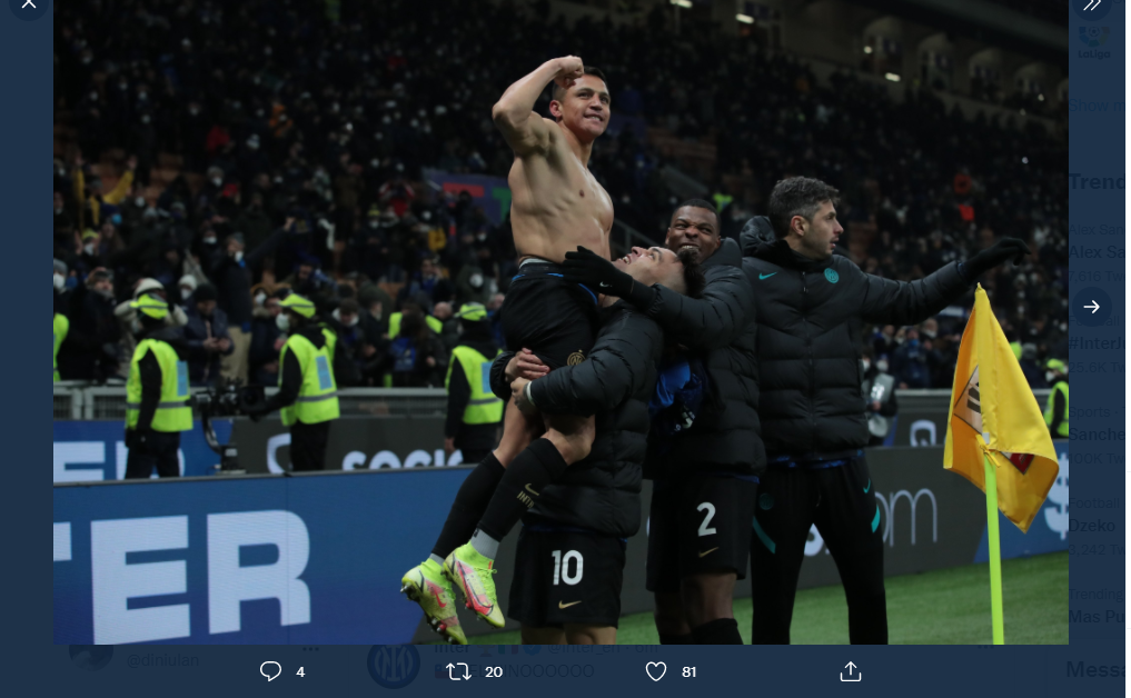 Penyerang Inter Milan, Alexis Sanchez tampil sebagai pahlawan setelah mencetak gol penentu kemenangan timnya di final Piala Super Italia atas Juventus, Kamis (13/1/2022).