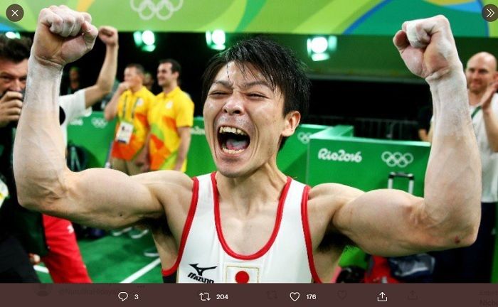 Legenda senam Jepang, Kohei Uchimura, berteriak histeris saat memenangkan medali emas senam di Olimpiade 2016 Rio de Janeiro.