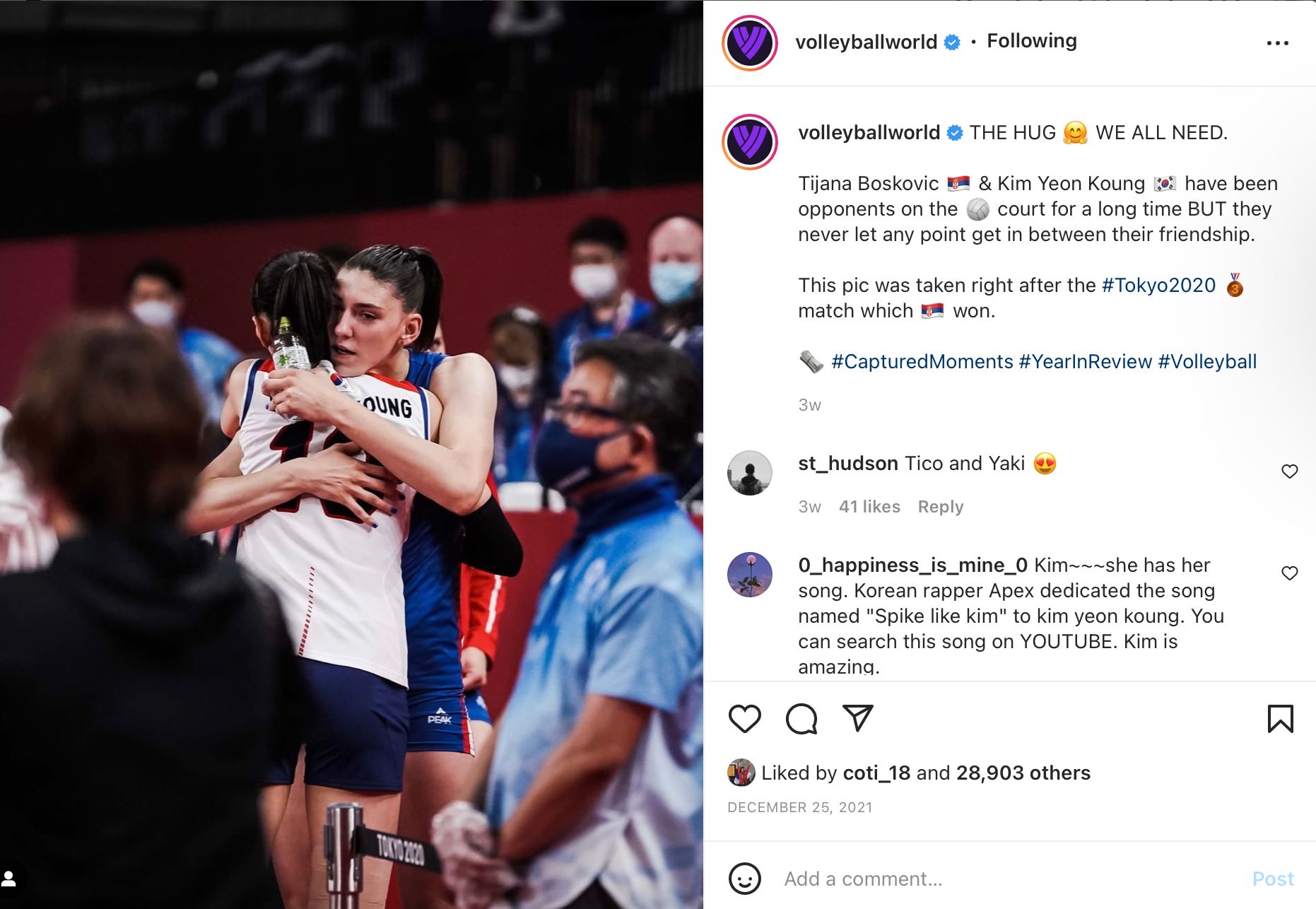 Pemain andalan Serbia, Tijana Boskovic memeluk pemain Korea, Kim Yeon Koung di Olimpiade 2020 Tokyo. Timnas Voli Putri Serbia tak lagi diasuh Zoran Terzic yang pindah ke Rusia