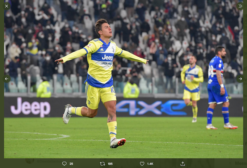 Paulo Dybala merayakan gol yang dicetaknya dalam laga Juventus vs Sampdoria di Coppa Italia, Rabu (19/2/2022) dini hari WIB. 