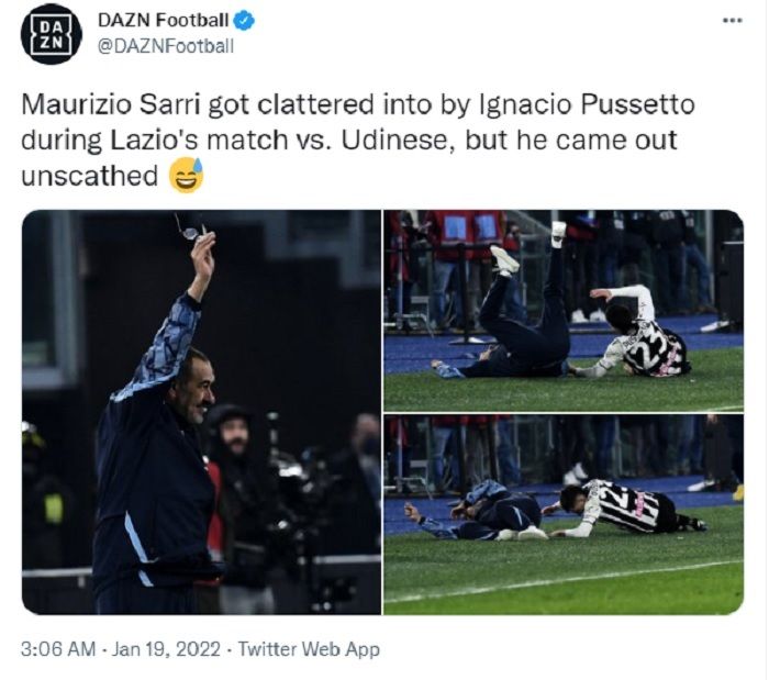Detik-detik sebelum pelatih Lazio, Maurizio Sarri, terjungkal akibat tertubruk pemain Udinesea.