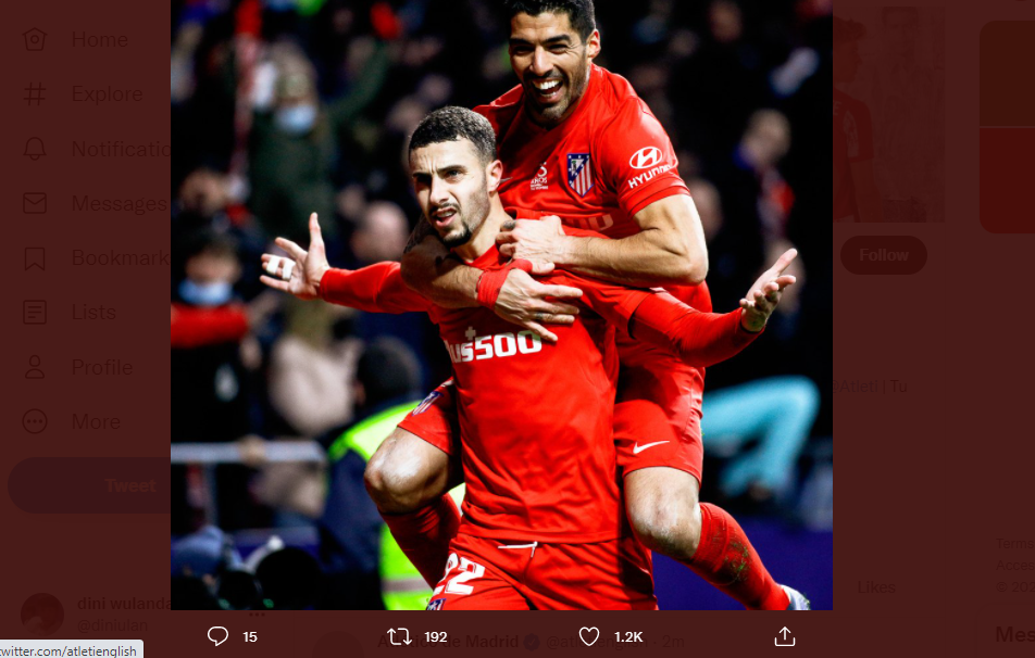 Bek Atletico Madrid, Mario Hermoso merayakan gol bersama Luis Suarez dalam laga kontra Celta Vigo, Sabtu (22/1/2022).. 