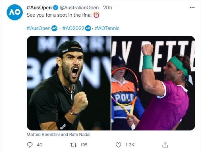 Partai semifinal Australia Open akan mempertemukan Matteo Berrettini asal Italia melawan Rafael Nadal asal Spanyol pada hari Jumat.