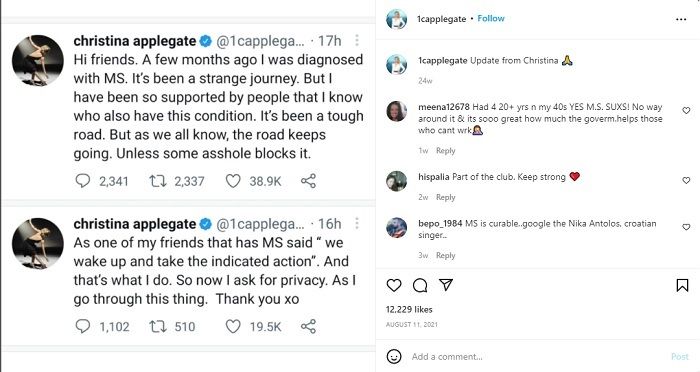 Christina Applegate menyampaikan perihal kondisinya dalam postingan di media sosial pada bulan Agustus 2021.