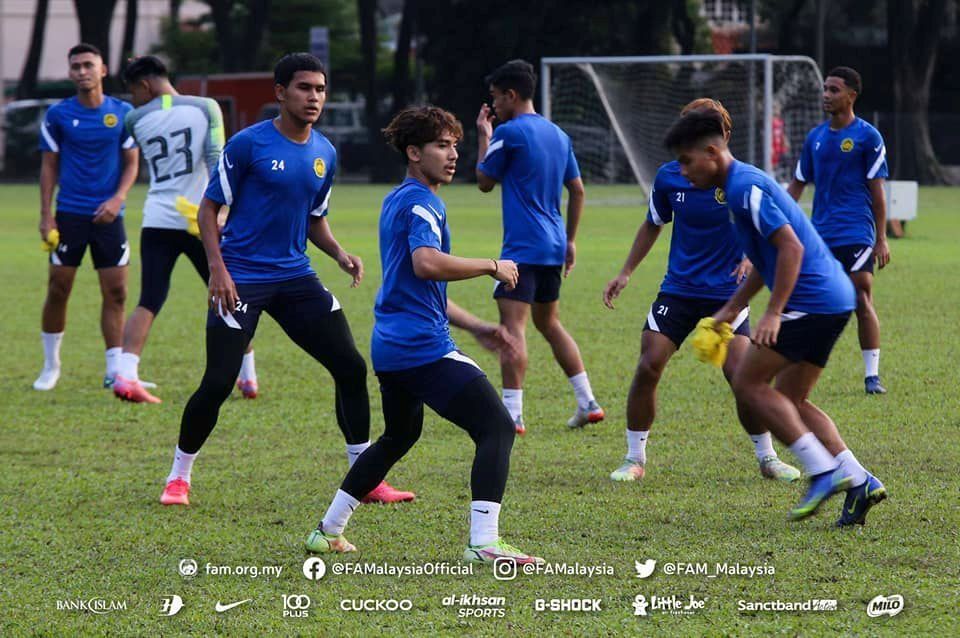 Latihan timnas U-23 Malaysia untuk persiapan ke Piala AFF U-23 2022 di Kuala Lumpur pada 1 Februari 2022.