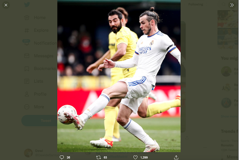 Aksi Gareth Bale pada pertandingan Villarreal vs Real Madrid, Sabtu (12/2/2022). 