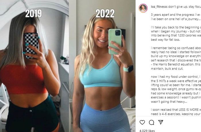 Loz Fitness memposting dua foto untuk menunjukkan seberapa besar bokongnya tumbuh.