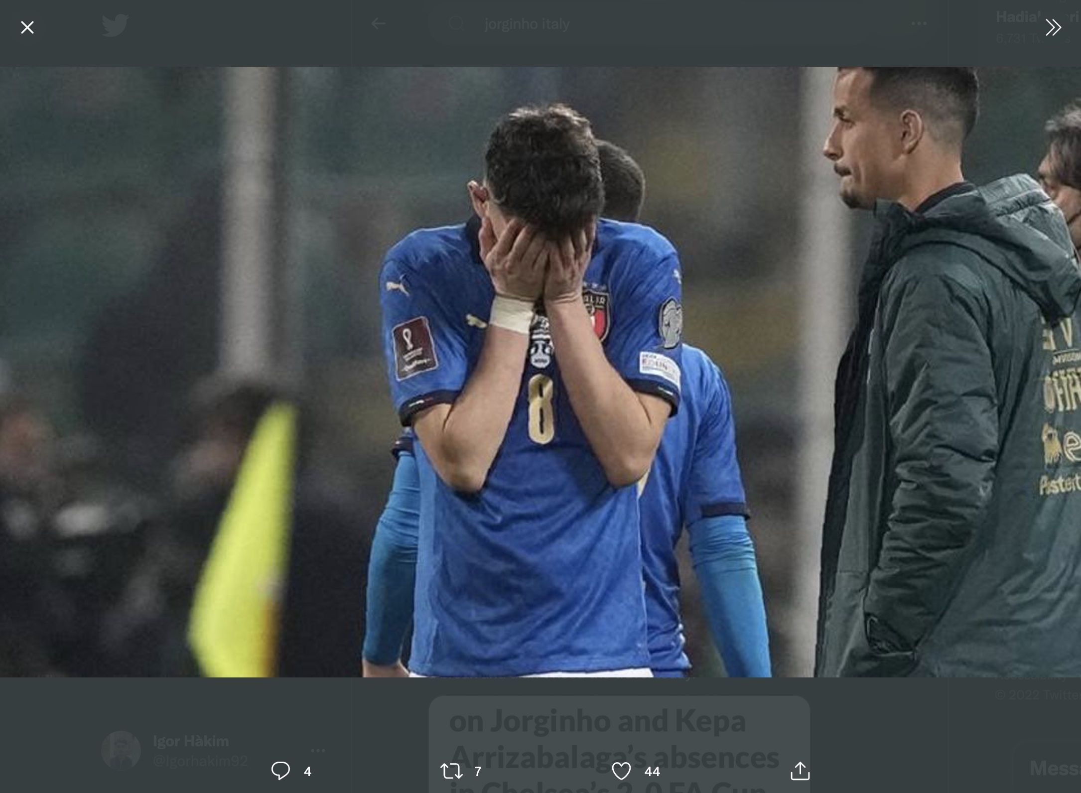 Gelandang Chelsea FC dan Timnas Italia, Jorginho, setelah laga melawan Makedonia Utara (25/3/2022).