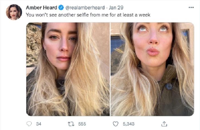 Aktris Amber Heard membagikan dua foto selfie di media sosialnya sebelum masa persidangan pencemaran nama baik yang melibatkan mantan suaminya Johnny Depp.
