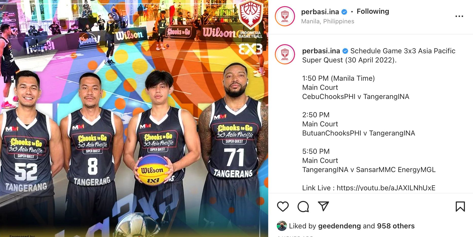 Timnas Basket 3x3 Indonesia menggunakan nama Tangerang pada turnamen di Filipina