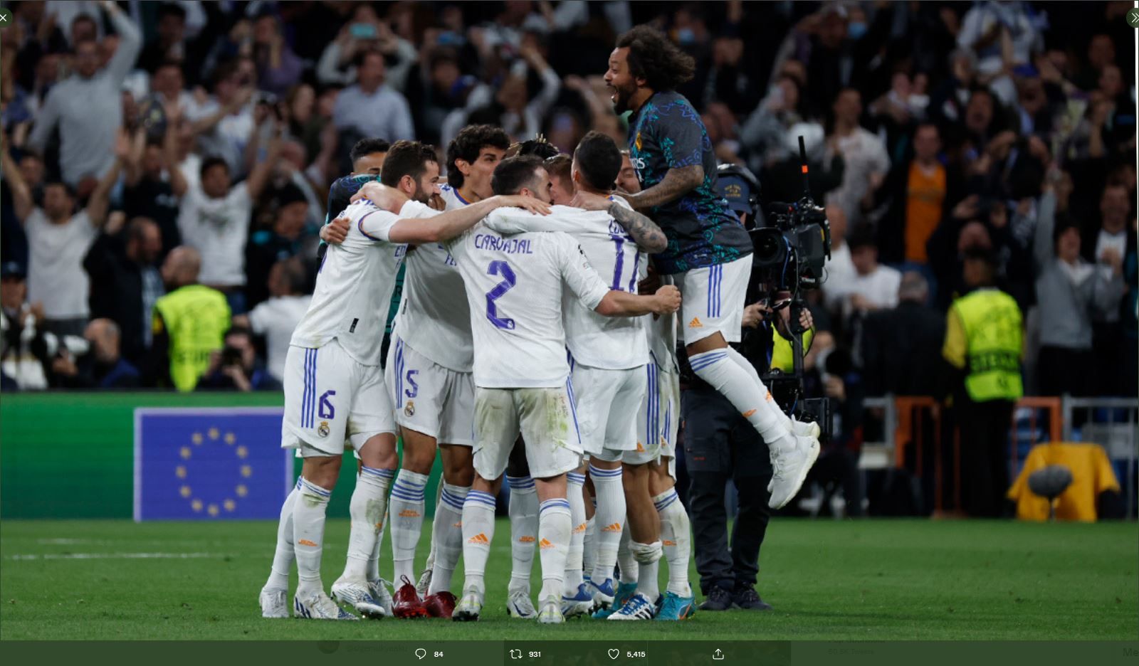 Pemain Real Madrid merayakan kemenangan atas Manchester City di semifinal Liga Champions, Kamis (5/5/2022) dini hari WIB.