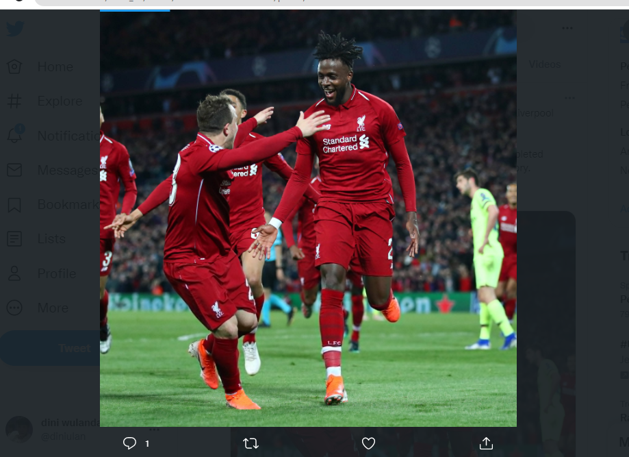 Penyerang Liverpool Divock Origi saat merayakan gol penting penentu kelolosan timnya di semifinal Liga Champions 2018-2019.