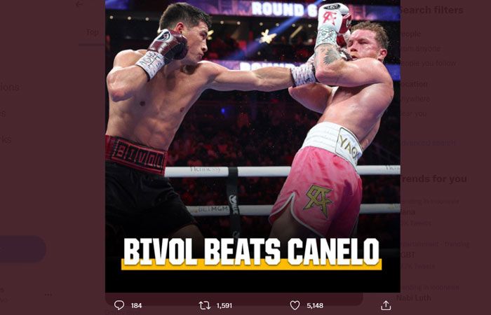 Dmitry Bivol mengalahkan Canelo Alvarez dengan keputusan suara bulat dalam pertarungan di Sin City, Las Vegas, Minggu (8/5/2022).