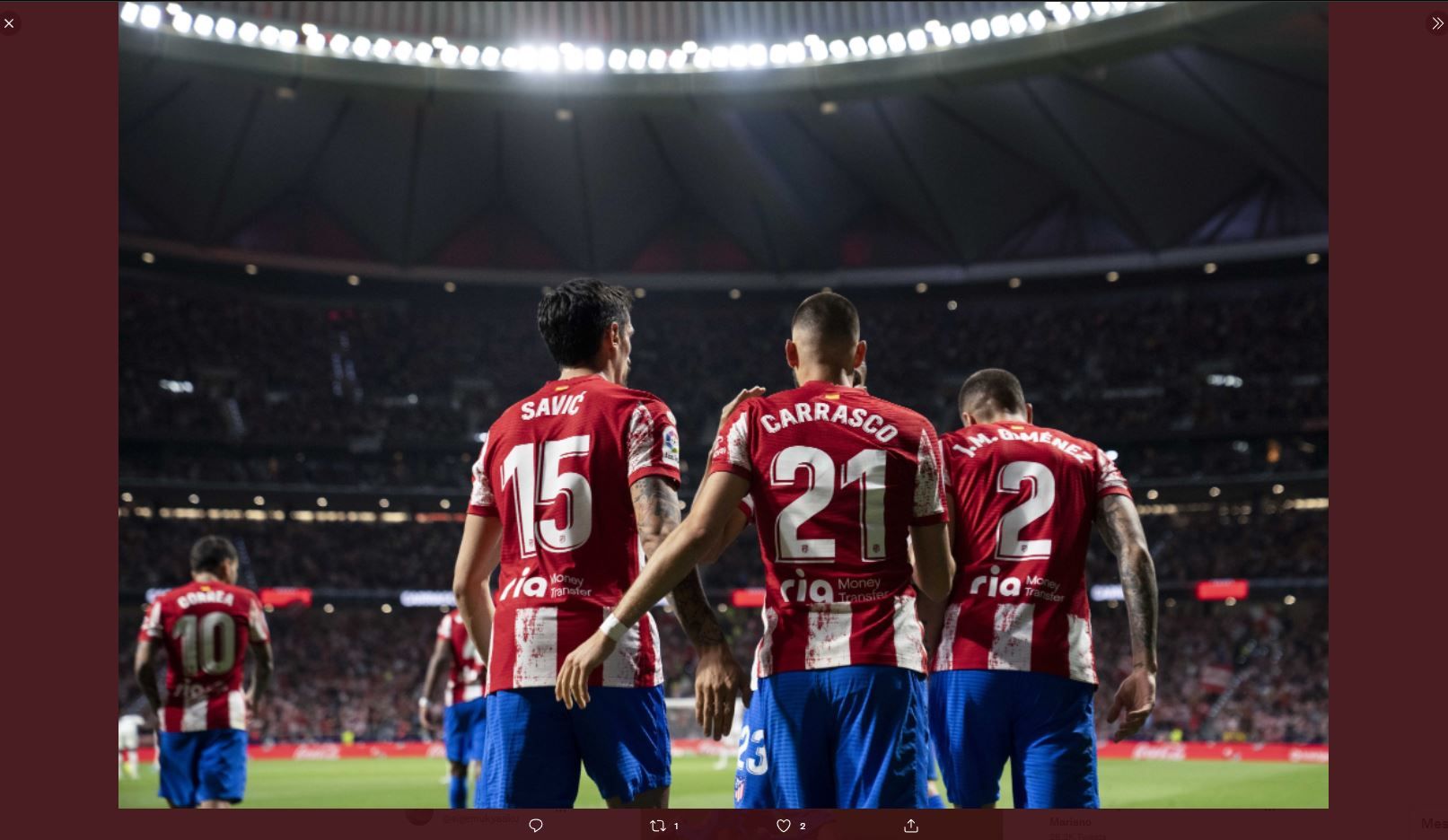 Pemain Atletico Madrid, merayakan gol Yannick Carrasco ke gawang Real Madrid, Senin (9/5/2022) dini hari WIB.