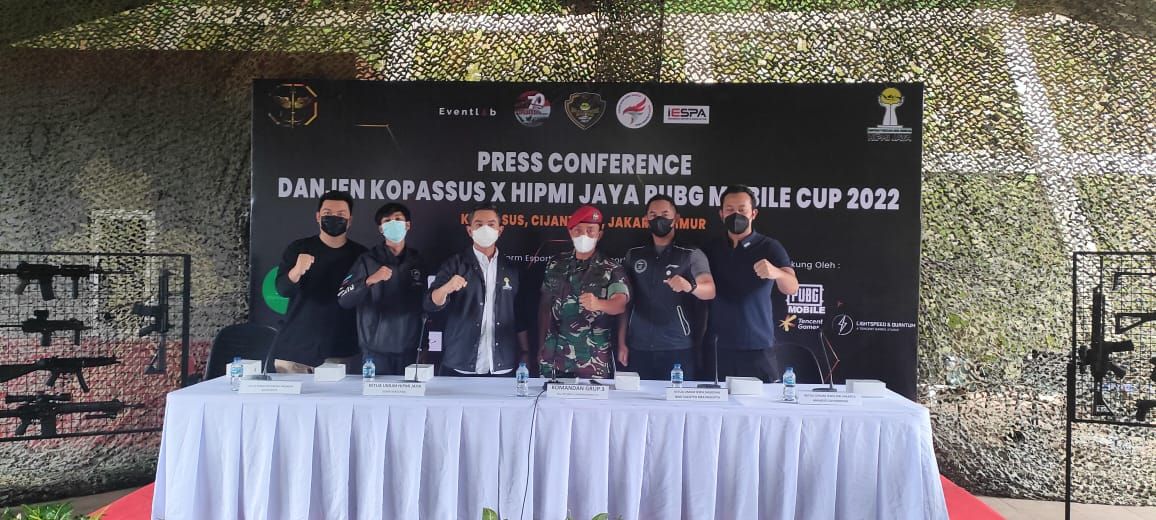 Konferensi pers Danjen Kopasuss X Hipmi Jaya PUBG Mobile Cup 2022, di Lapangan Tembak Prayudha, Cijantung, Jakarta Timur, Selasa (10/5/2022).