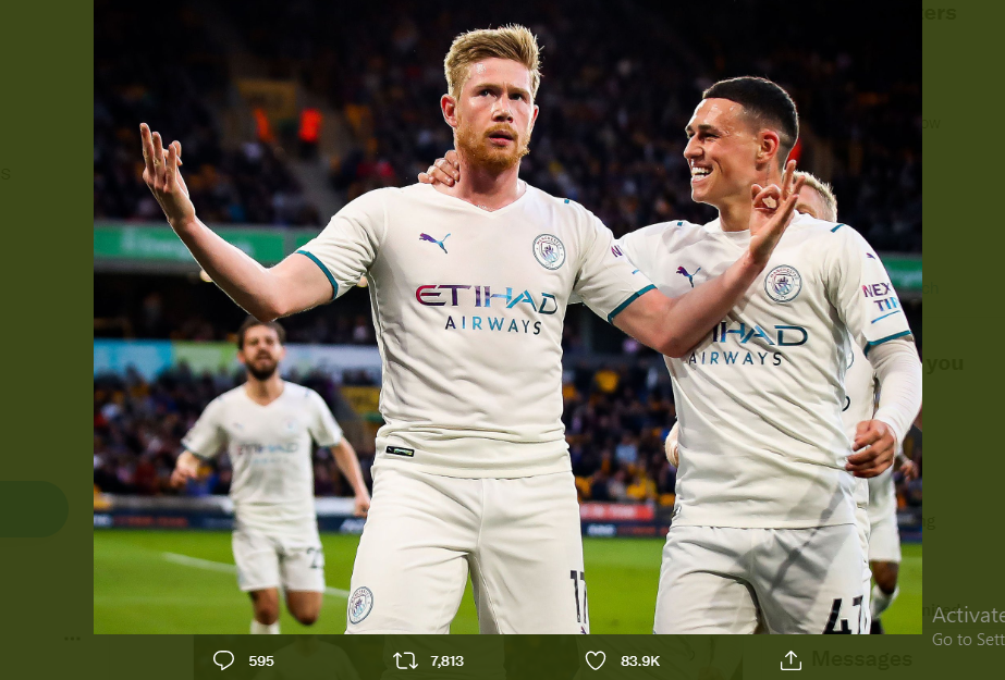 Gelandang Manchester City, Kevin De Bruyne merayakan gol seperti gaya Erling Haaland.
