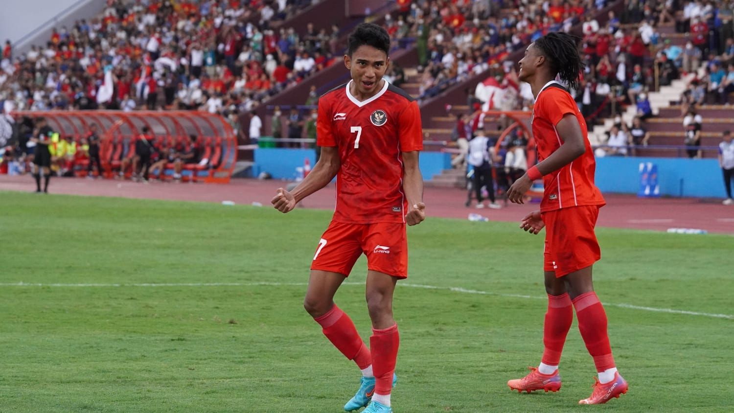 Pemain timnas U-23 Indonesia, Marselino Ferdinan, saat merayakan gol ke gawang Filipina di SEA Games 2021.