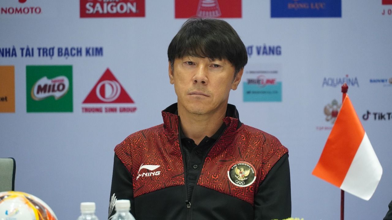 Pelatih timnas U-23 Indonesia, Shin Tae-yong, saat jumpa pers jelang laga semifinal SEA Games 2021 menghadapi Thailand.
