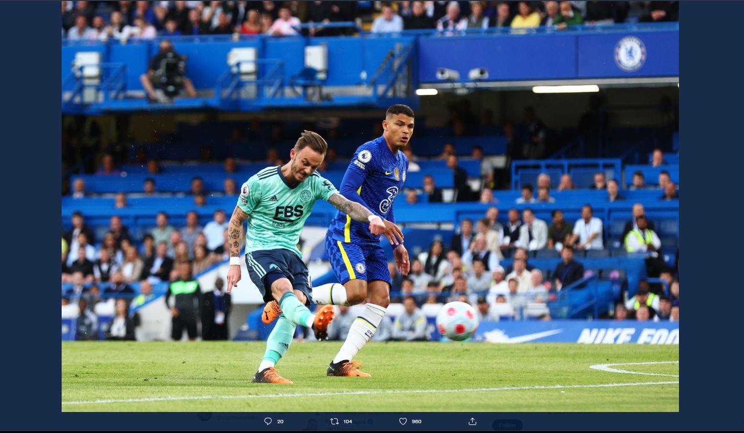 James Maddison mencetak gol pada laga Chelsea vs Leicester City di Liga Inggris, Jumat (20/5/2022) dini hari WIB.