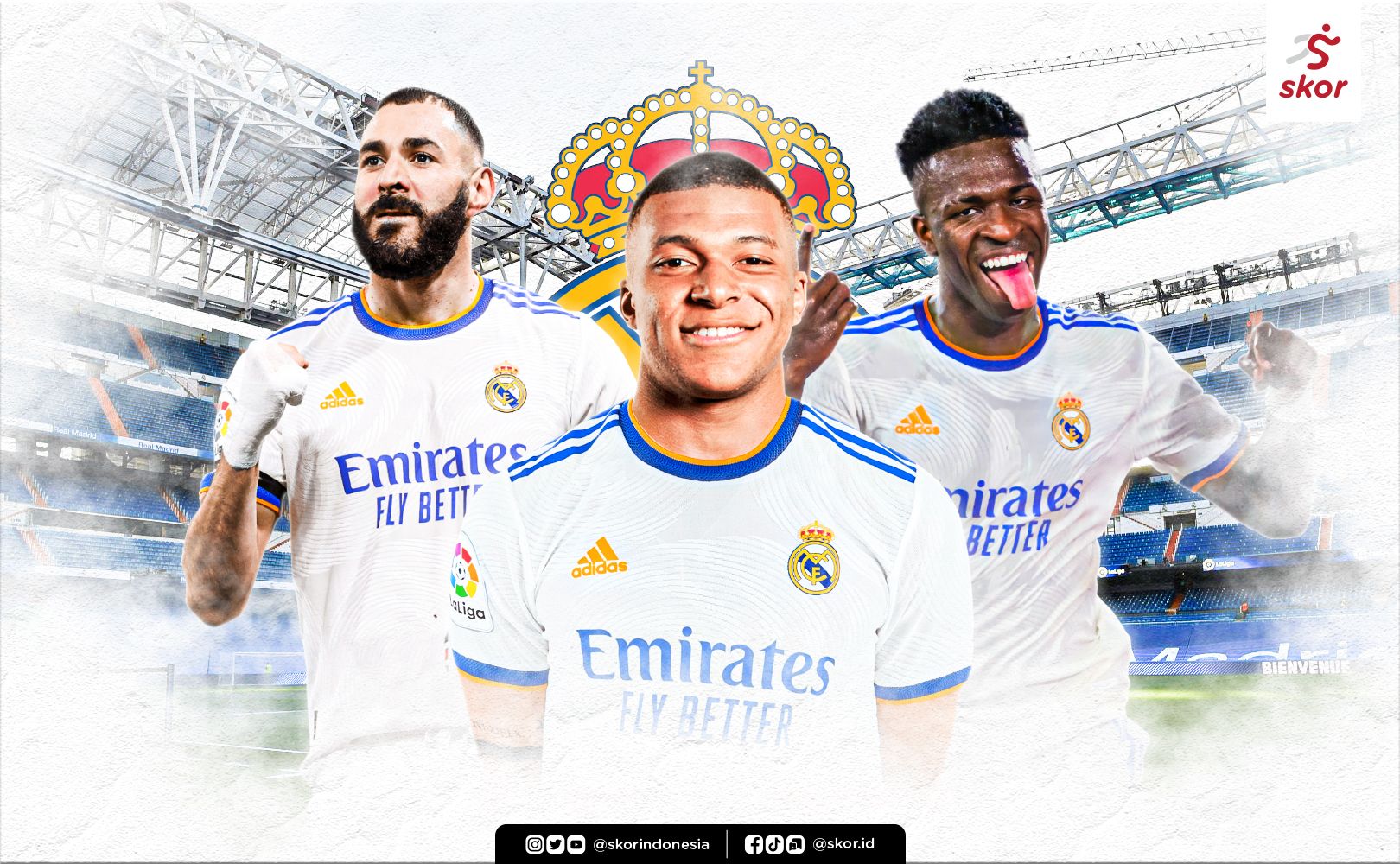Cover Tridente Masa Depan Real Madrid, ilustrasi Kylian Mbappe (tengah), Karim Benzema (kiri), dan Vinicius Junior.