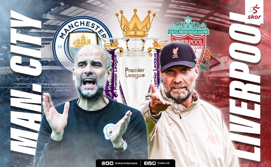 Ilustrasi cover persaingan Manchester City dan Liverpool di Liga Inggris.