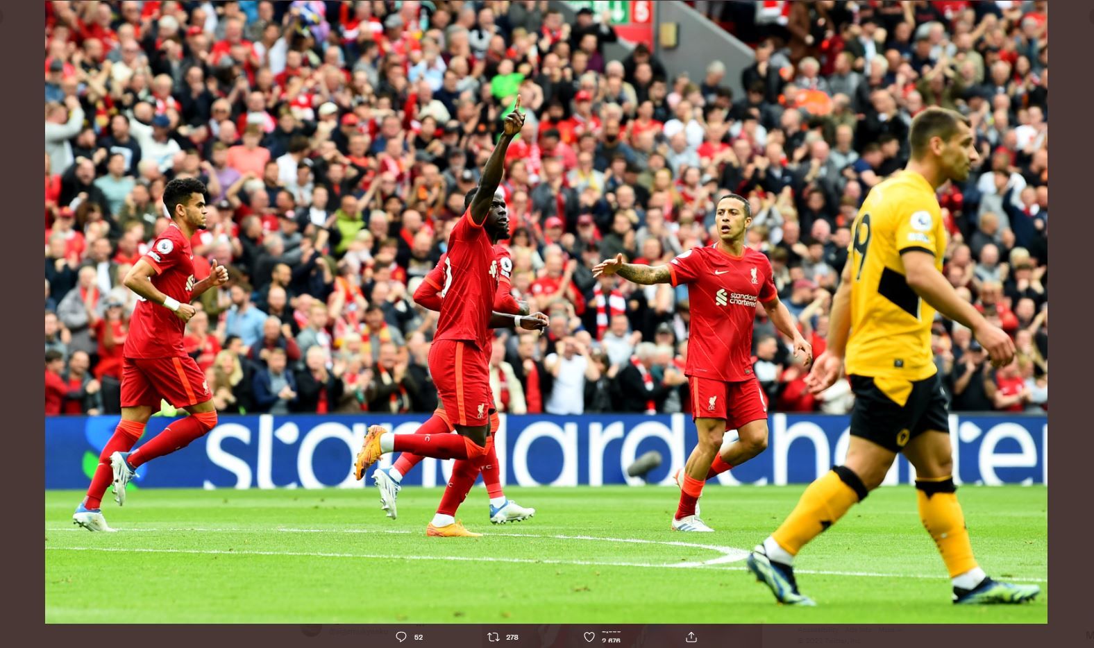 Sadio Mane mencetak gol untuk Liverpool ke gawang Wolverhampton Wanderers di Liga Inggris, Minggu (22/5/2022) malam WIB.
