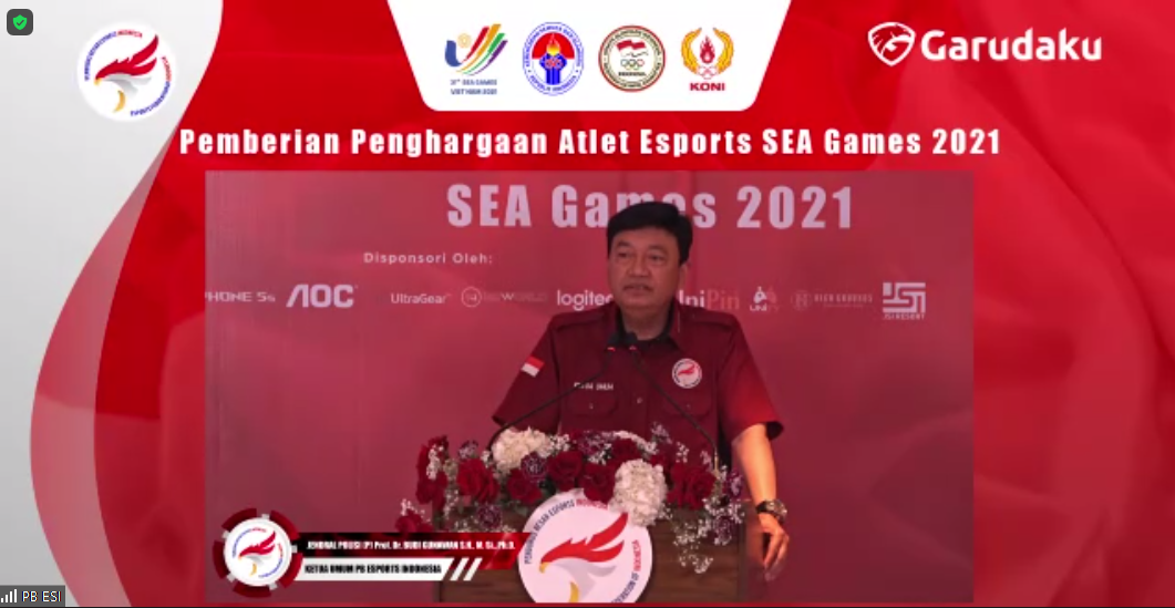 Ketua PBESI, Budi Gunawan, berikan sambutan pada acara pemberian penghargaan atlet esport SEA Games 2021