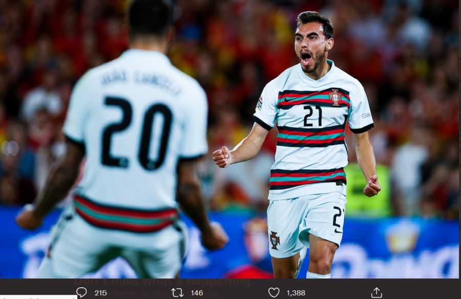 Ricardo Horta ketika merayakan gol yang dia ciptakan lawan Spanyol, Jumat (3/6/2022) dini hari WIB.