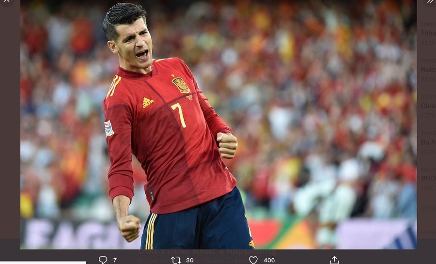 Penyerang timnas Spanyol, Alvaro Morata, merayakan gol yang dia ciptakan lawan Portugal, Jumat (3/6/2022) dini hari WIB.