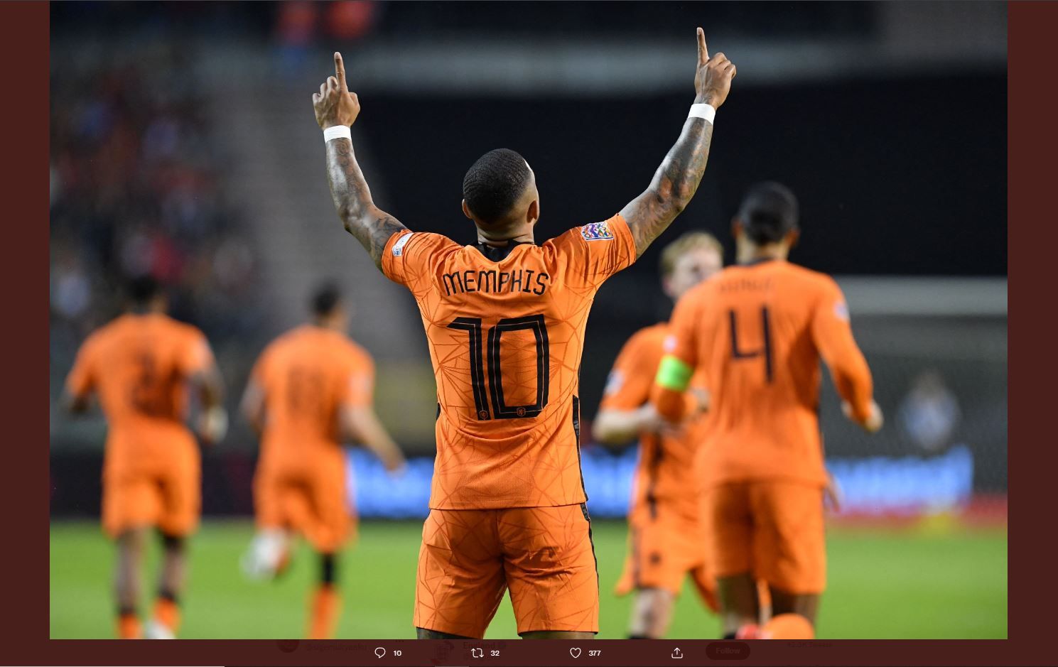 Memphis Depay merayakan gol pada laga Belgia vs Belanda di ajang UEFA Nations League, Sabtu (4/6/2022) dini hari WIB.