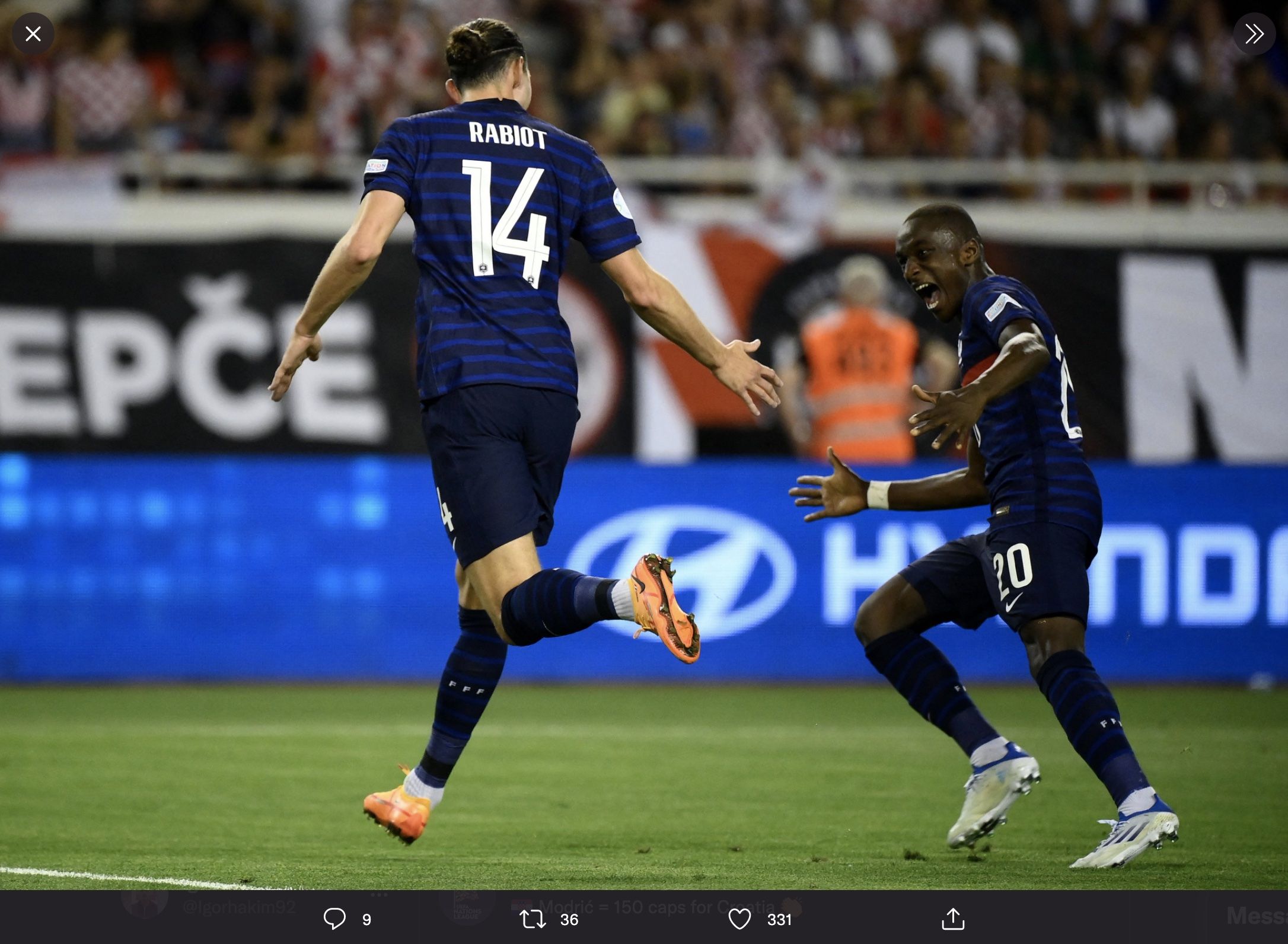 UEFA Nations League, Kroasia vs Prancis: Adrien Rabiot (kiri) dan Moussa Diaby (kanan) saat merayakan gol, Selasa (7/6/2022) dini hari WIB.